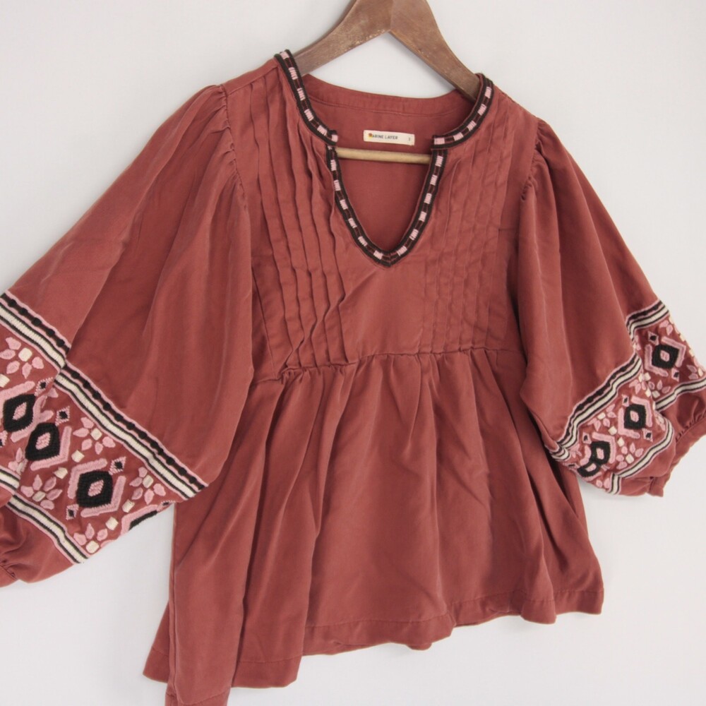 Marine Layer Archive Embroidery Blouse Womens S Maroon Boho Pleated Puff Sleeve - Picture 4 of 6
